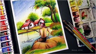 Watercolor painting | How to draw scenery of fishing step by step | Sanju Arts
