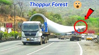 Extremly Longest Wind Turbine blade Transportation Lorry Curve On Thoppur Forest