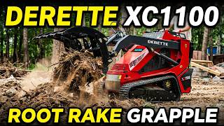 Derette XC1100 mini skid steer loader with root rake grapple attachment