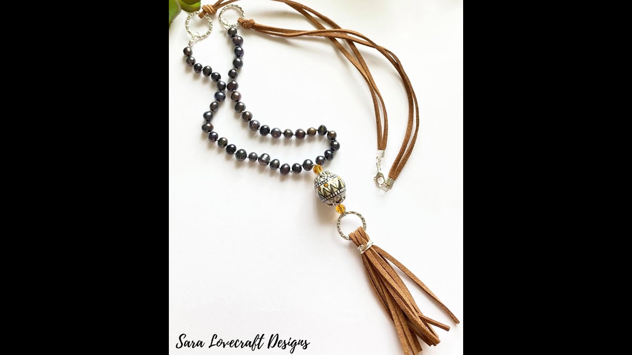 Happy Tuesday - Knotted Pearl Necklace with Faux Leather Tassel