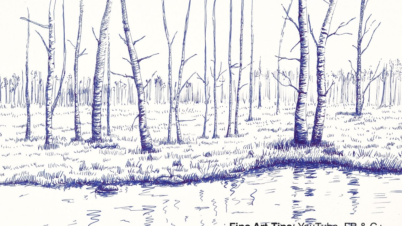 ⁣How to Draw a Landscape With Trees and Lake, With Fountain Pen