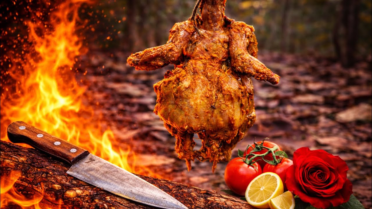 Chicken Wrapped In Rope Hanging Whole Chicken on Rope Over Firewood |primitive outdoor cooking ...