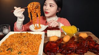 SUB)Spicy Cream Noodles with Grilled Chicken Leg and Cheese Ball Mukbang ASMR