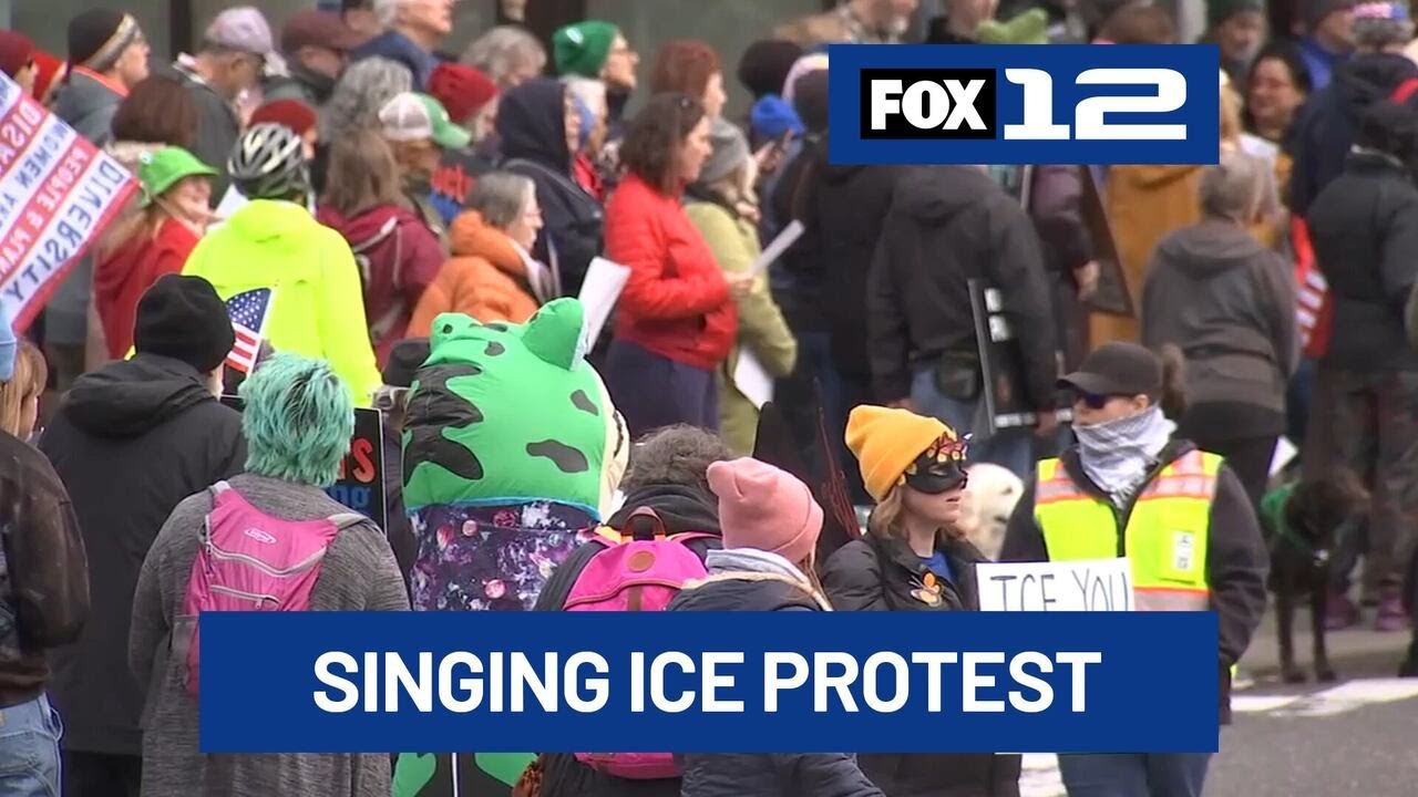 Crowd gathers for sing-along protest outside Portland ICE facility