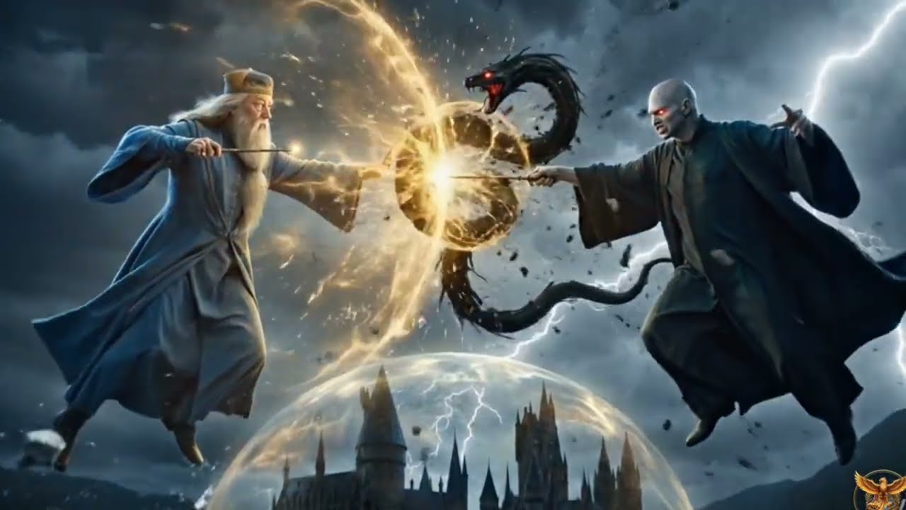 Dumbledore’s golden shield and Voldemort’s dark serpent spell collide mid-air, freezing time