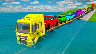 Triple Flatbed Trailer McQueen Transportation with Truck - Speedbumps vs Cars vs Train - BeamNG #228