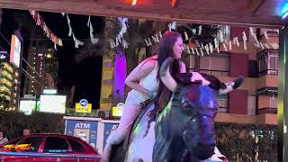 Girl In White Trousers Riding On A Bull In Benidorm | Bull Riding 4K