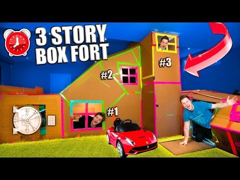 WORLDS BIGGEST 3 STORY BOX FORT! Secret Rooms, Gaming Room (24 Hour Challenge)