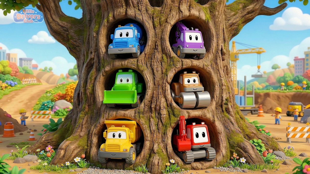 Six Little Construction Trucks in a Tree | Fun Kids Songs & Nursery Rhymes