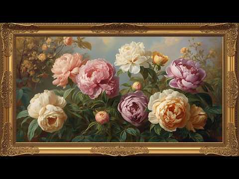 Vintage Pastel Multicolor Peonies Oil Painting | Gold Frame | Timeless Floral Art |TV Screensaver 4K