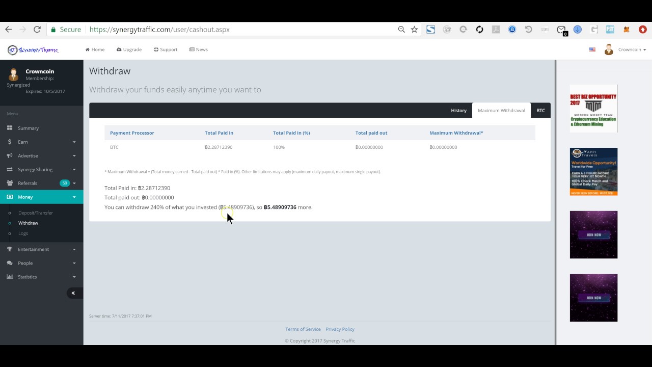 Synergy Traffic: How To Check Maximum BTC Withdrawal