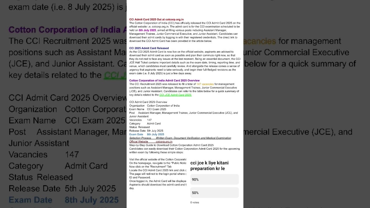 CCI JCE(Junior commercial executive)Exam Admit card release Download Now 8JULY EXAM 
