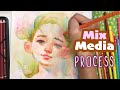 Real-time Mix-Media PROCESS! Watercolour + Polychromos colour pencils!