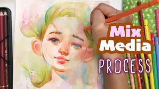 Real-time Mix-Media PROCESS! Watercolour + Polychromos colour pencils!