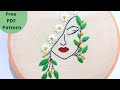 Nature inspired face embroidery portrait  line art embroidery  girl with daisy flowers tutorial