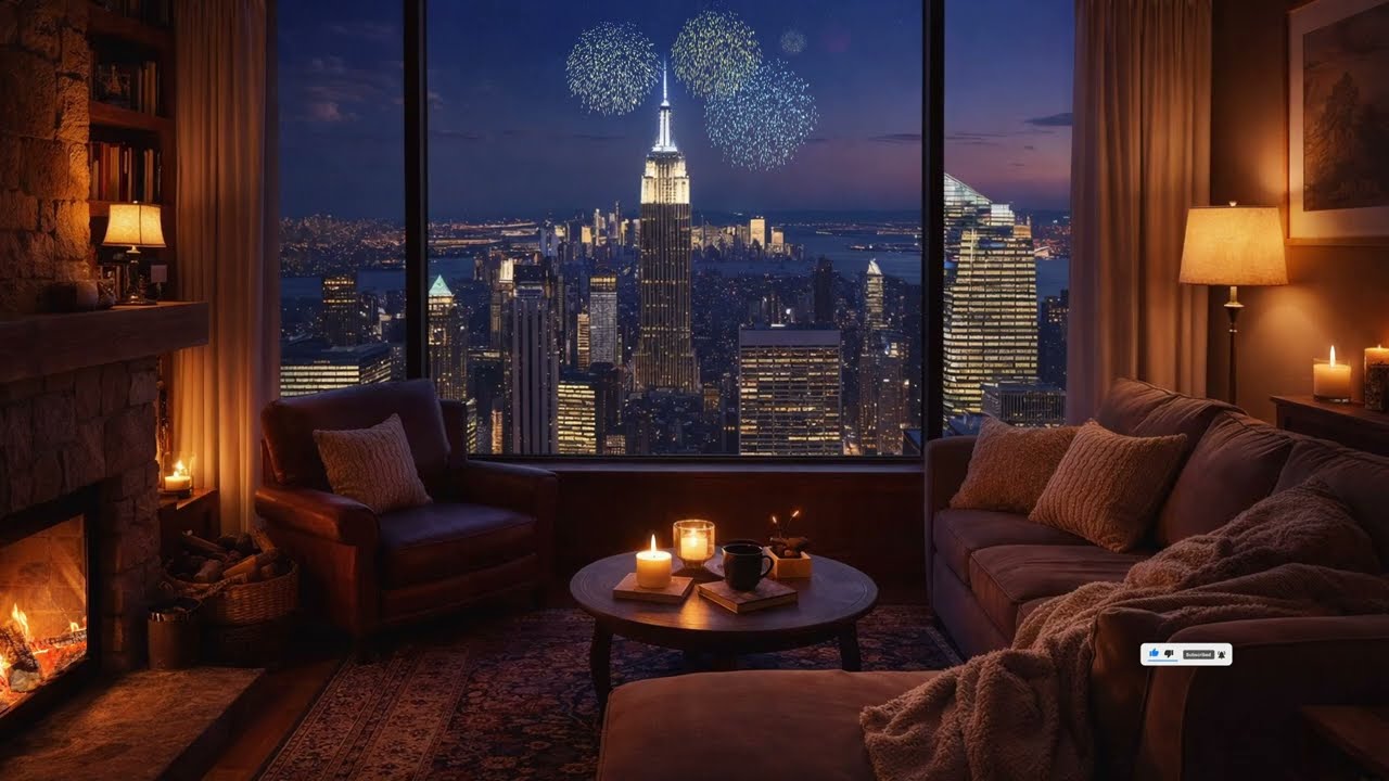 Cozy Fireplace Night with Empire State Building View | New York Ambience 4K