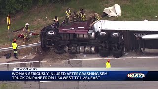 All lanes blocked on I-64 W due to overturned semitrailer, driver 'seriously' injured