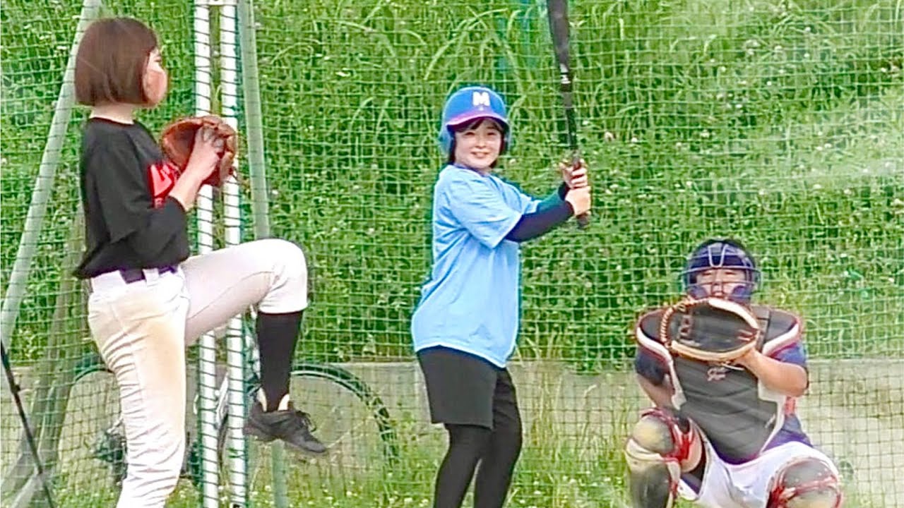 豪速球を投げる元NPBチア野澤彩華がムコウズ初登板で「ネイルボール」披露！女子天才バッターも驚く魔球。