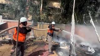 إخماد حريق اندلع في خيمة نازحين جراء انفجار جسم من مخلفات الاحتلال في مخيم النصيرات وسط قطاع غزة