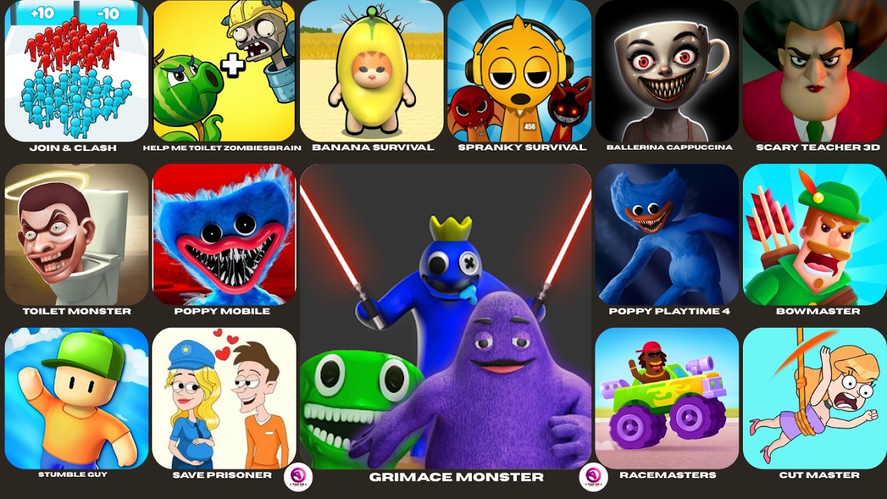 Grimace Monster Scary Survival,Superhero Play 456,SpongeBob,Banana Survival,Stumble Guys,Minecraft