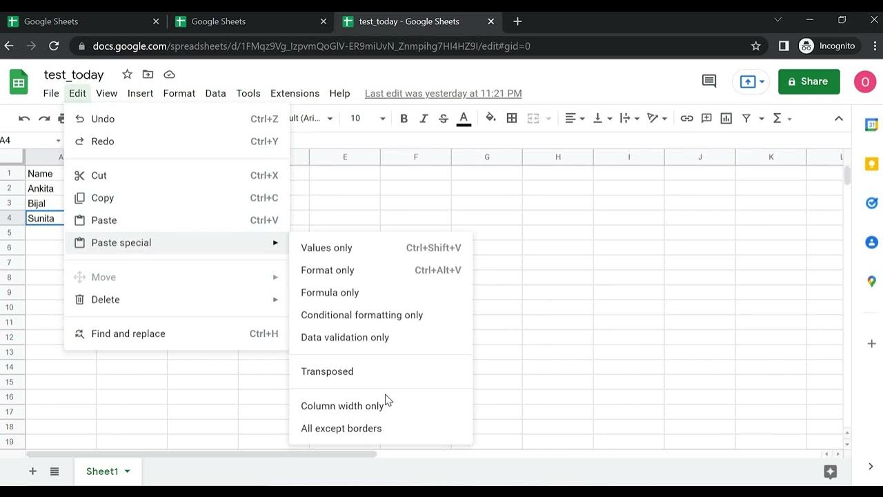Google sheets basics Edit menu Learn Google sheets basics with me