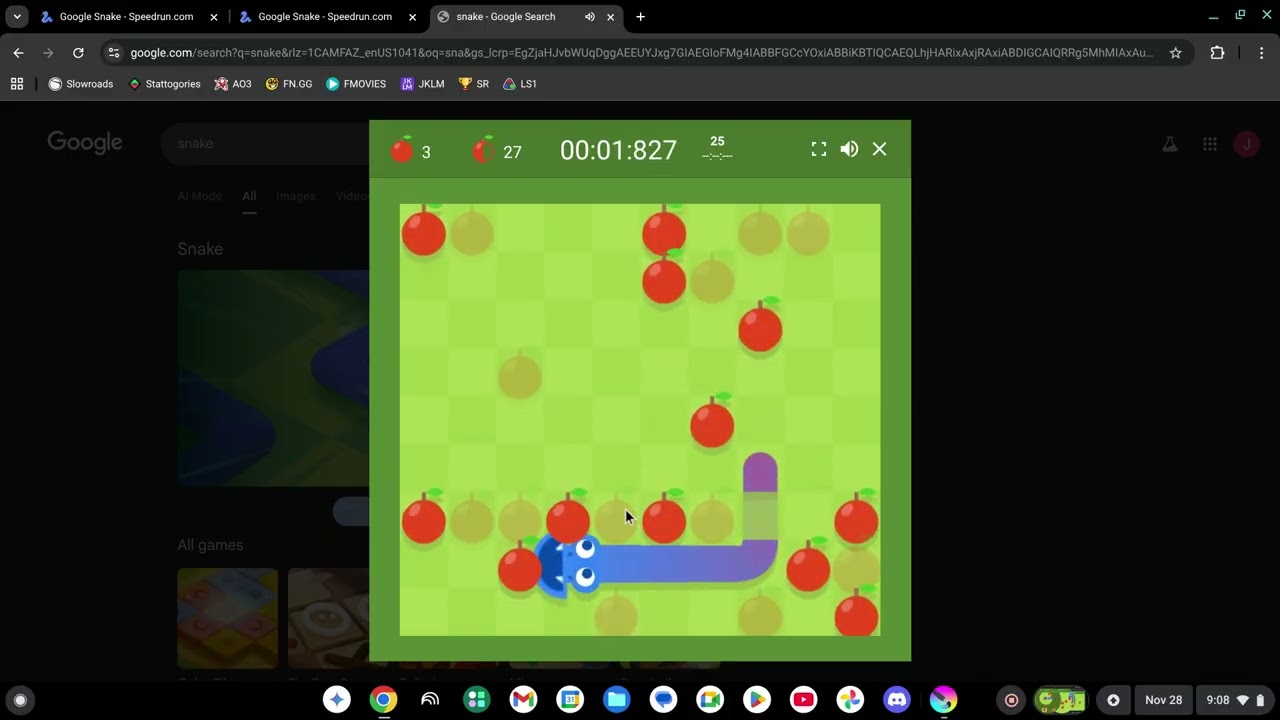 Snake 25  Apples Small Bomb Apples Dimension Mode Speedrun 13.905