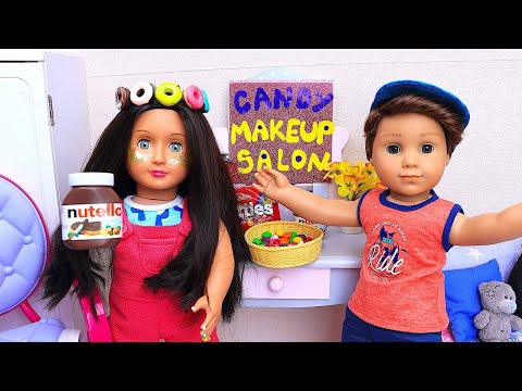 OG Doll plays makeup & hair salon with candy and sweets