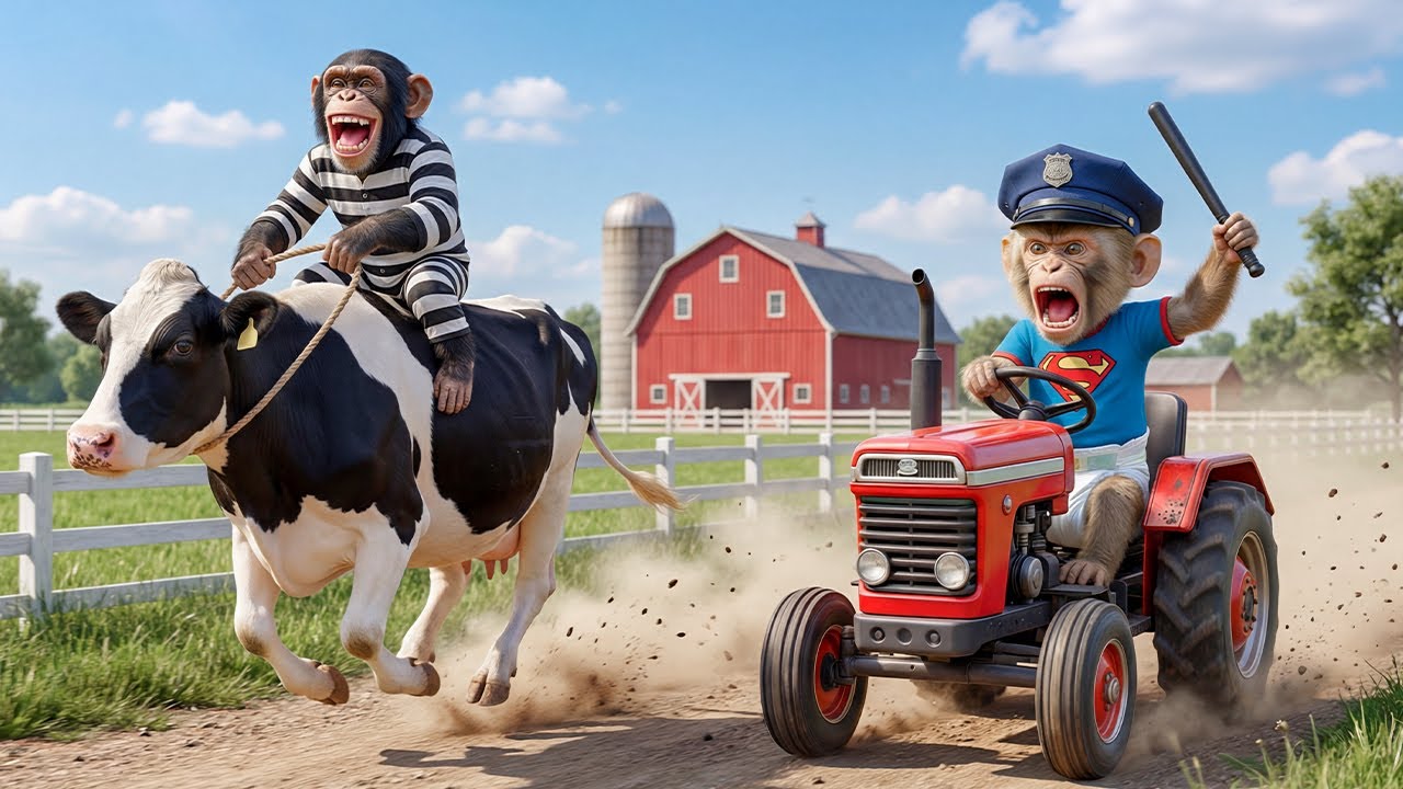 Monkey Ride Tractor ๐ฑ๐ A Crazy Chase on the Farm โ Monkey Riding a Cow vs. Monkey Driving a ...