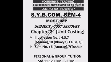 Most Imp for S.Y.B.Com.Sem-4 Cost Accounting Chapter 2 (Unit Costing)