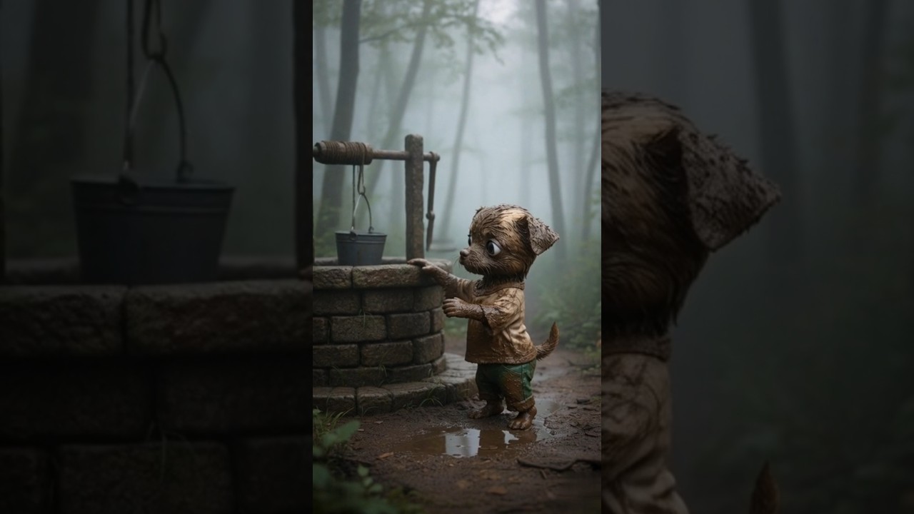 Lonely puppy searches for water in misty forest well scene