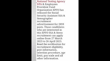 NTA EPFO Social Security Assistant SSA & Stenographer (Group C) Recruitment 2023 #epfo #ytshorts
