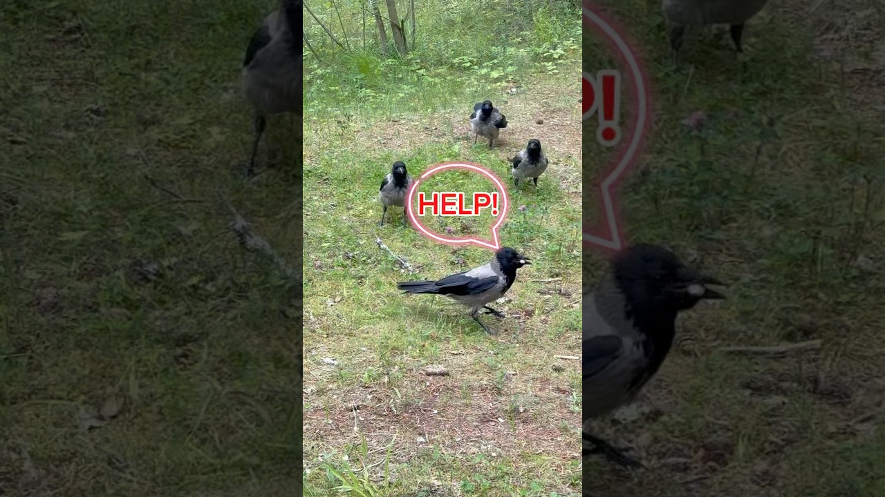 Птенцы не оставляют ворону в покое / Baby crows desperately claiming for food 