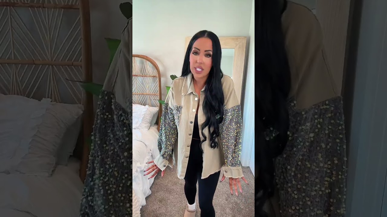 Trendy denim shacket jacket with sequin accents #denimjacket #shacket #sequinjacket #outerwear