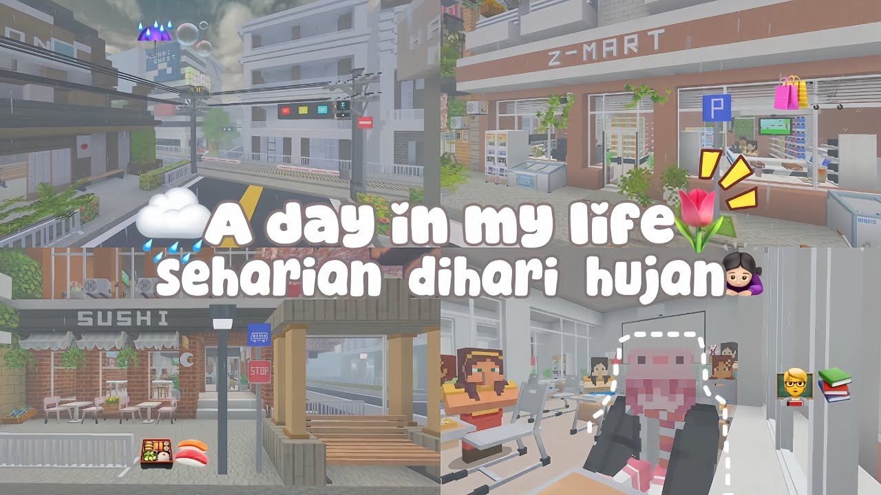 ₊˚⛈️⊹ keseharian hujan 🙇🏻‍♀️🌷|| sekolah,makan,berbelanja dll😆🫶🏻 #dramakawaiiworld2023  #minecraft 