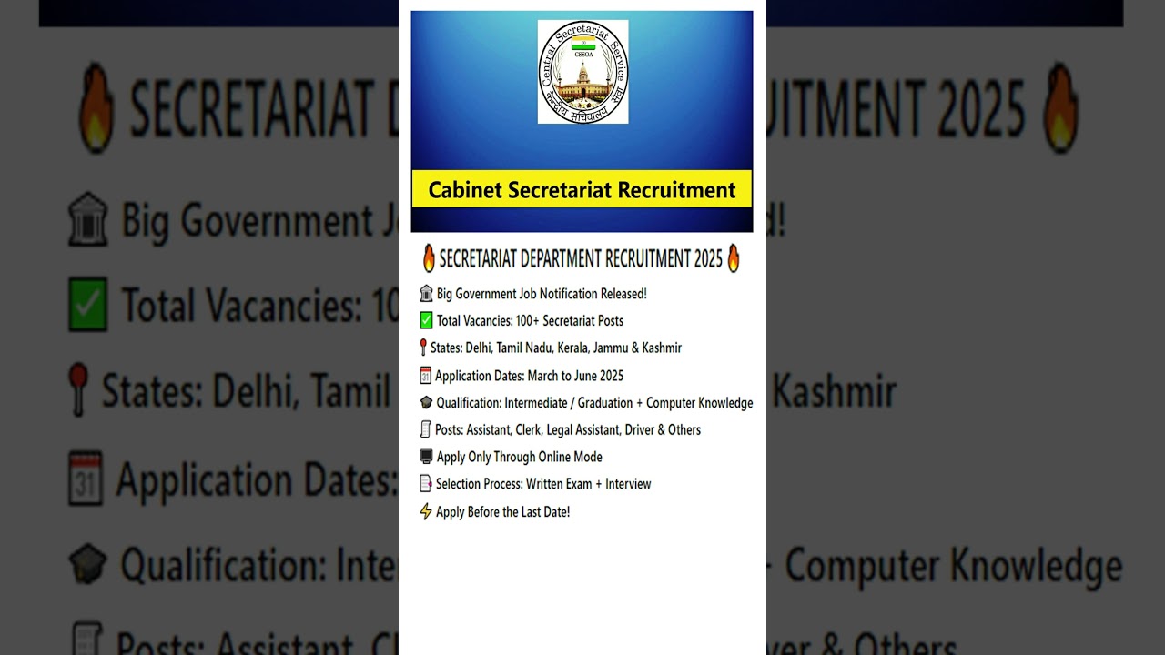 Secretariat Department Recruitment 2025 | Sachivalaya New Vacancy 2025