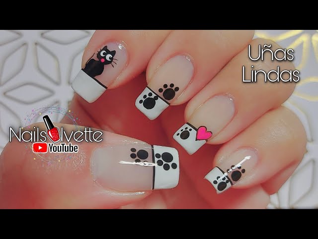 Uñas bonitas decoradas a mano alzada / Arte de uñas con gatito / Diseño de uñas paso a paso gratis class=