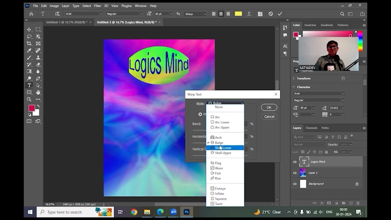 Adobe Photo Shop Telugu How  to Use Wrap text tool