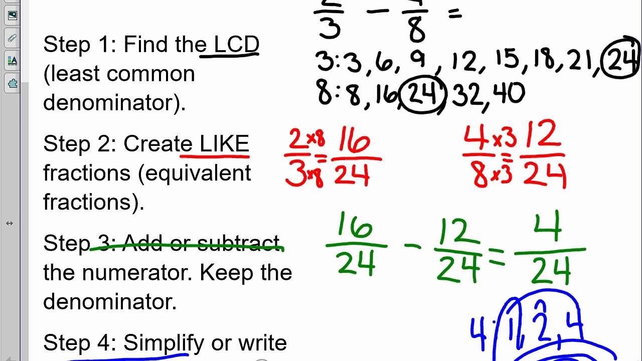 Adding and Subtracting UNLIKE fractions screencast - YouTube