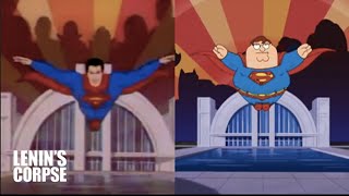 Video thumbnail of "Super Friends / Family Guy side-by-side comparison"