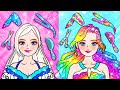 Paper dolls dress up  rainbow rapunzel  blue elsa need to new hair barbie transformation handmade