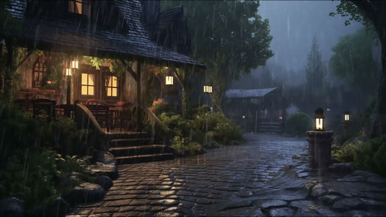 Forest Cabin Village | Rain Thunderstorm Sounds for Sleeping | INSTANT SLEEP | Rest and Relax | ASMR