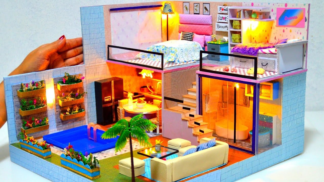 DIY Miniature Cardboard Box Dollhouse   4   Dreamhouse mansion with real swimming pool 2 bedrooms