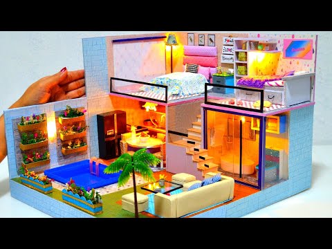 DIY Miniature Cardboard Box Dollhouse # 4 - Dreamhouse mansion with real swimming pool, 2 bedrooms