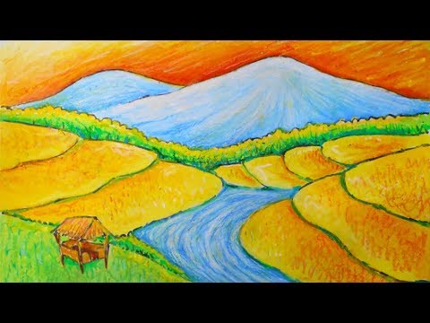 Rice Field with Oil  Pastel   Menggambar Pemandangan  Sawah 