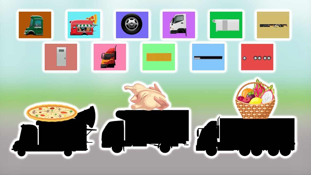 Match the Pieces to Complete the Pizza Truck, Camper Van, and Container Truck! | Vehicle Animation