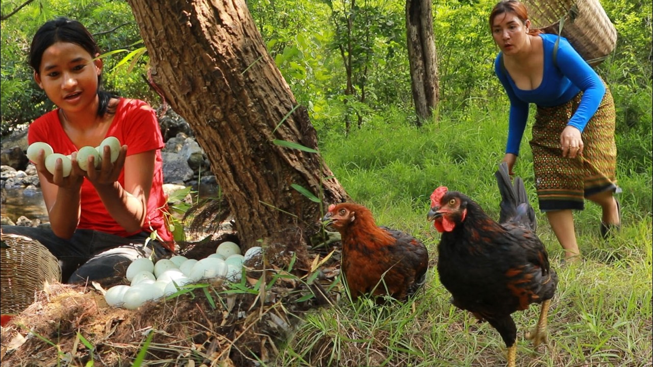 Chicken and baby eggs catch for food/Cooking chicken and baby eggs with chili sauce eating delicious
