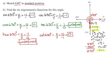 Draw 630 Degrees (a Quadrantal Angle) in Standard Position & Find Six Trig Functions For This Angle