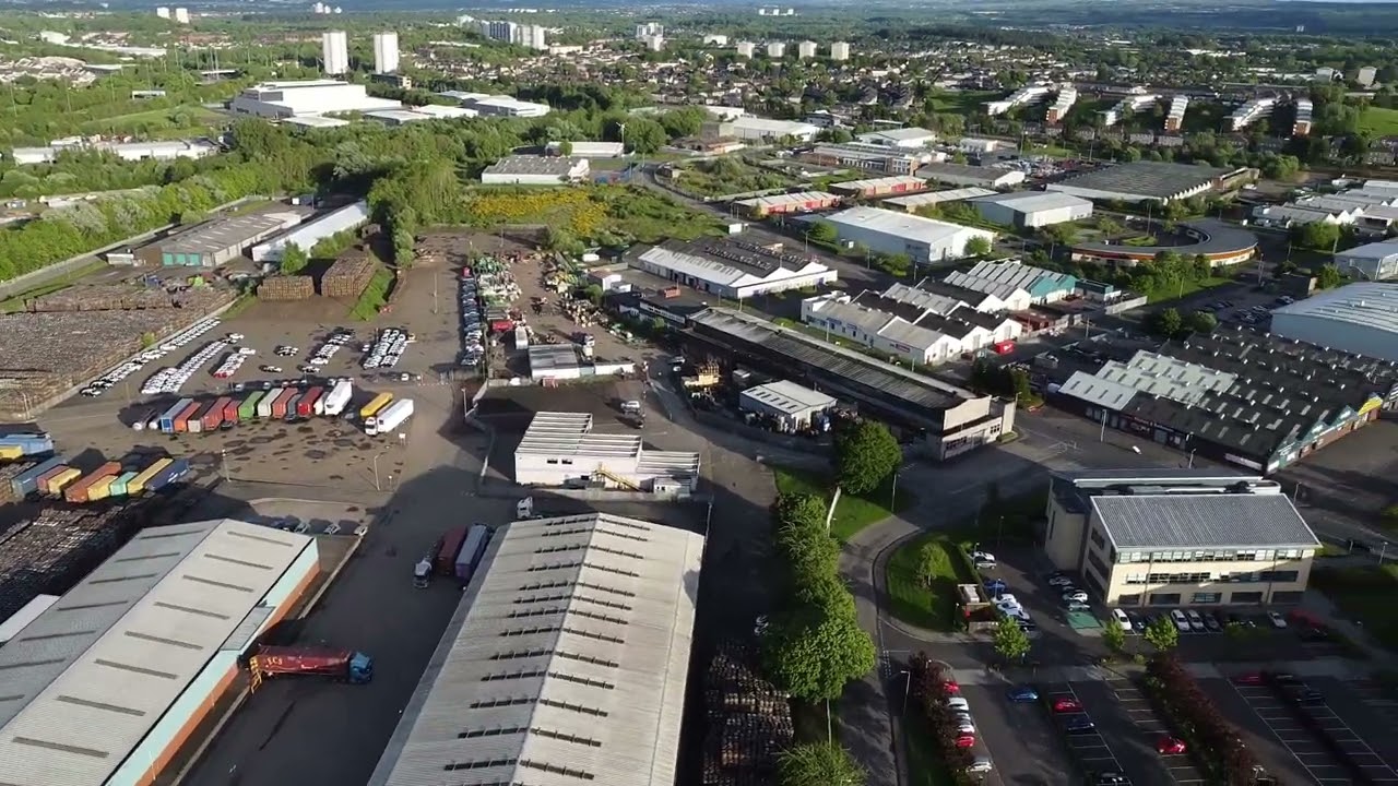 Hillington East Industrial estate near Glasgow Scotland drone footage