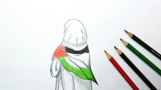 تعليم الرسم رسم بنت محجبة من الخلف بالرصاص رسم مع علم فلسطين How To Draw A Girl With Hijab