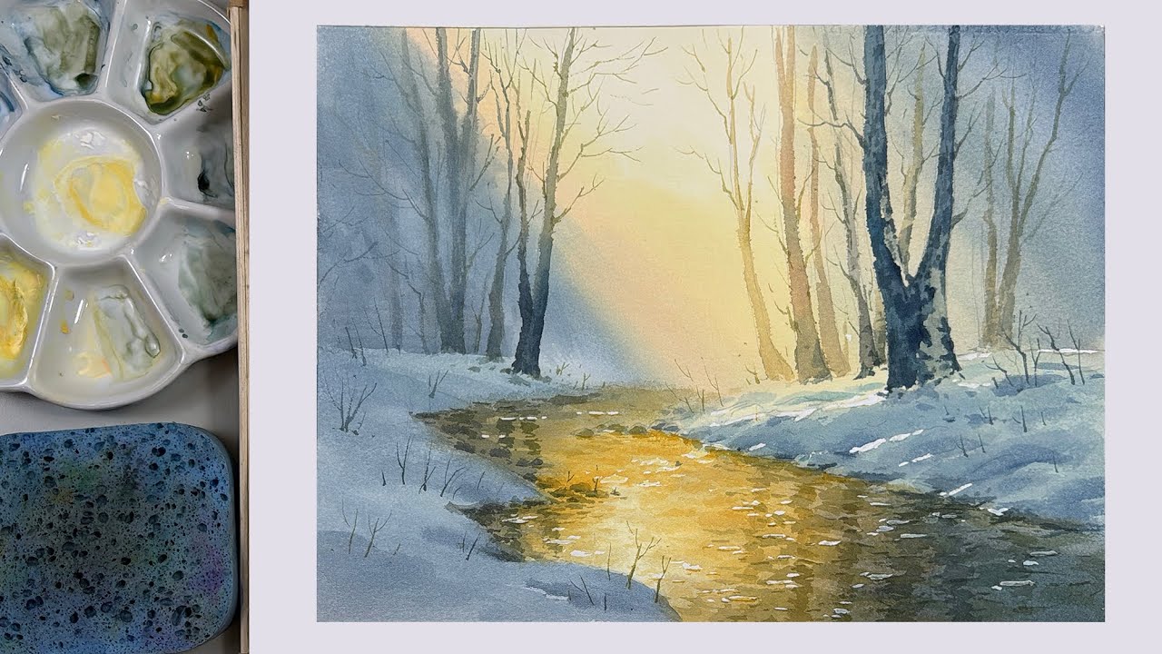 Learn to Paint a Snowy Landscape with Warm Light in Watercolor - YouTube